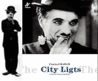 名優チャップリンと、代表作『街の灯』のポスター